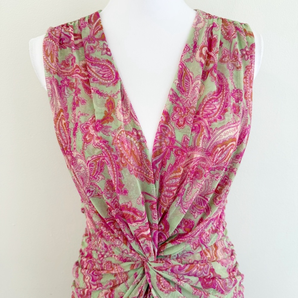 MISA PINK GREEN VINTAGE PAISLEY PRINT AVA MESH TWIST FRONT SLEEVELESS MIDI DRESS - Picture 5 of 14